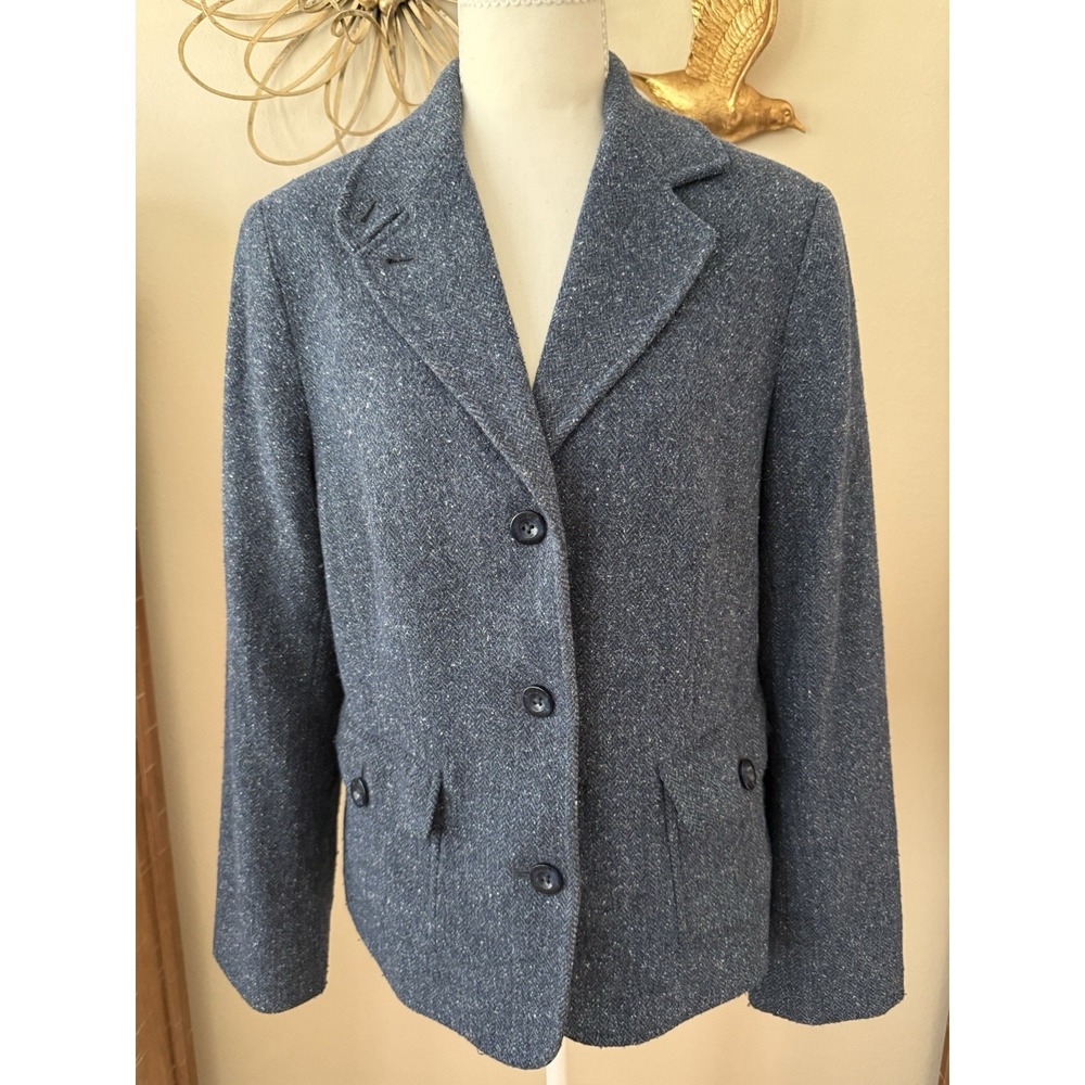 L.L.Bean Wool Silk Blend Blazer Jacket Womens M‎ Blue Herringbone Career Classic